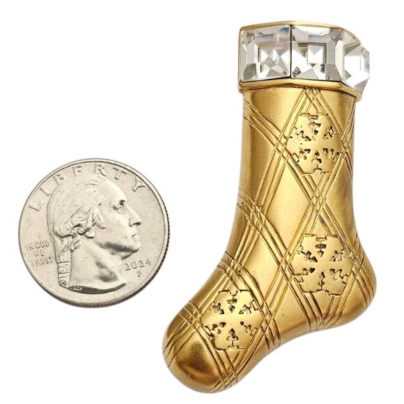 Monet Vintage Rhinestone Stocking Brooch Matte Gold Tone Pin, Signed - Picture 10 of 12